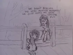 Size: 1196x897 | Tagged: safe, artist:dhm, derpibooru import, oc, oc:anonfilly, earth pony, pony, drawthread, female, filly, image, jpeg, meme, monochrome, outdoors, sketch, wholesome