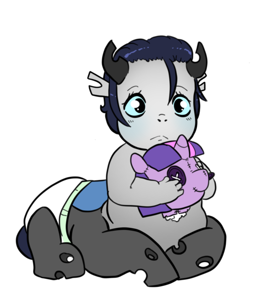 Size: 858x975 | Tagged: safe, artist:smirk, derpibooru import, oc, oc:valorie, centaur, changeling, hybrid, pony, taur, chrysirek, decapitated, diaper, doll, female, foal, image, interspecies offspring, male, offspring, parent:lord tirek, parent:queen chrysalis, parents:chrystirek, plushie, png, shipping, solo, straight, toy