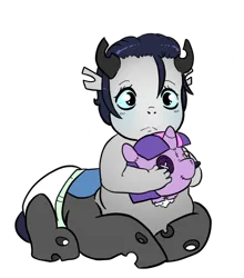 Size: 858x975 | Tagged: safe, artist:smirk, derpibooru import, oc, oc:valorie, centaur, changeling, hybrid, pony, taur, chrysirek, decapitated, diaper, doll, female, foal, image, interspecies offspring, male, offspring, parent:lord tirek, parent:queen chrysalis, parents:chrystirek, plushie, png, shipping, solo, straight, toy