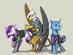 Size: 2336x1772 | Tagged: safe, artist:sinrar, derpibooru import, gilda, cyborg, gryphon, pony, unicorn, image, png