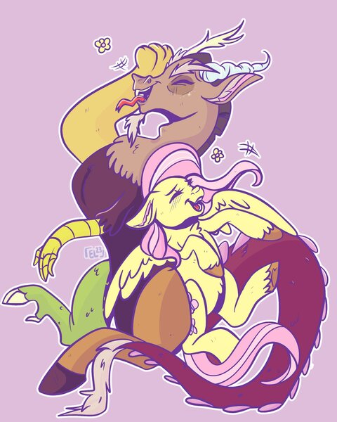 Size: 1638x2048 | Tagged: safe, artist:erieillustrates, derpibooru import, discord, fluttershy, draconequus, pegasus, pony, 2023, blush lines, blushing, chest fluff, duo, duo male and female, eyes closed, female, flower, g4, horns, image, jpeg, laughing, lavender background, male, mare, open mouth, open smile, signature, simple background, smiling, spread wings, tail, tongue out, unshorn fetlocks, wings