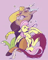 Size: 1638x2048 | Tagged: safe, artist:erieillustrates, derpibooru import, discord, fluttershy, draconequus, pegasus, pony, 2023, blush lines, blushing, chest fluff, duo, duo male and female, eyes closed, female, flower, g4, horns, image, jpeg, laughing, lavender background, male, mare, open mouth, open smile, signature, simple background, smiling, spread wings, tail, tongue out, unshorn fetlocks, wings