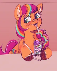 Size: 1638x2048 | Tagged: safe, artist:erieillustrates, derpibooru import, sunny starscout, earth pony, pony, g5, 2023, blushing, drink, drinking, ear fluff, female, glass, halo-halo, image, jpeg, looking sideways, mane stripe sunny, mare, signature, sketch, smiling, solo, spoon, tail, unshorn fetlocks
