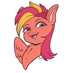 Size: 1500x1500 | Tagged: safe, artist:erieillustrates, derpibooru import, oc, unofficial characters only, pegasus, pony, 2023, bust, chest fluff, female, freckles, image, jpeg, looking at you, mare, open mouth, open smile, pegasus oc, signature, simple background, smiling, white background, wings