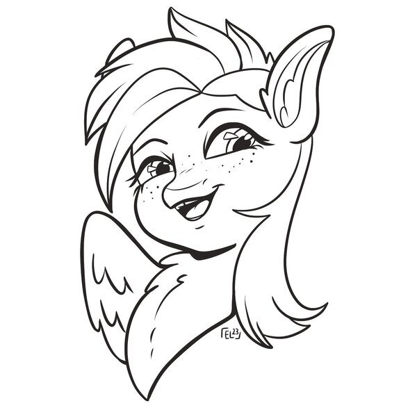 Size: 1500x1500 | Tagged: safe, artist:erieillustrates, derpibooru import, oc, unofficial characters only, pegasus, pony, 2023, black and white, bust, chest fluff, female, freckles, grayscale, image, jpeg, looking at you, mare, monochrome, open mouth, open smile, pegasus oc, signature, simple background, smiling, white background, wings, wip