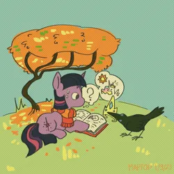 Size: 1500x1500 | Tagged: safe, artist:emptygoldstudio, derpibooru import, twilight sparkle, bird, crow, pony, unicorn, autumn, book, clothes, crown, duo, female, image, implied princess celestia, jewelry, lying down, mare, png, prone, question mark, regalia, scarf, solo, sweat, tree, unicorn twilight