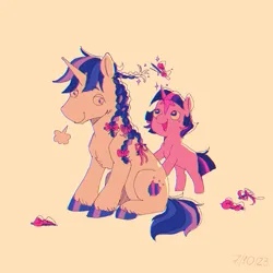 Size: 1500x1500 | Tagged: safe, artist:emptygoldstudio, derpibooru import, shining armor, twilight sparkle, pony, unicorn, bbbff, blank flank, bow, braiding, brother and sister, colt, cute, duo, female, filly, filly twilight sparkle, foal, hair bow, image, male, open mouth, open smile, png, siblings, simple background, smiling, twiabetes, unicorn twilight, yellow background, younger
