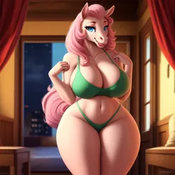 Size: 640x640 | Tagged: suggestive, alternate version, derpibooru import, machine learning generated, pinkie pie, anthro, earth pony, ai content, alternate hairstyle, anonymous prompter, big breasts, breasts, busty pinkie pie, city, cityscape, clothes, female, generator:frosting.ai, huge breasts, image, jpeg, looking at you, night, open mouth, smiling, solo, solo female, uncanny valley, wide hips, wrong color