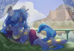 Size: 2388x1668 | Tagged: safe, artist:tingsan, derpibooru import, oc, oc:cork, pony, unicorn, bed, bedroom, building, clothes, cute, dark skin, egyptian, female, greek, image, long mane, mare, png, scenery, solo, solo female