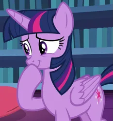 Size: 651x699 | Tagged: safe, derpibooru import, screencap, twilight sparkle, twilight sparkle (alicorn), alicorn, pony, father knows beast, season 8, spoiler:s08, amused, bookshelf, cropped, cute, cutie mark, female, folded wings, hoof over mouth, image, mare, png, purple eyes, smiling, twiabetes, wings