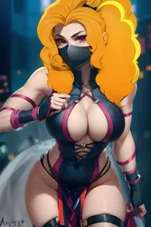 Size: 1024x1536 | Tagged: suggestive, derpibooru import, editor:sammykun, machine learning generated, adagio dazzle, human, equestria girls, ai content, belly button, big breasts, blurry background, boob window, breasts, busty adagio dazzle, cleavage, clothes, costume, curvy, face mask, fingerless gloves, gloves, halloween, halloween costume, happy halloween, holiday, hourglass figure, humanized, image, long hair, looking at you, mask, mouthpiece, ninja, png, ponytail, pose, prompter:sammykun, seductive, seductive pose, sexy, sleeveless, stupid sexy adagio dazzle, thighs, thunder thighs, wide hips
