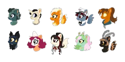 Size: 2030x1010 | Tagged: safe, artist:nostalgicfixations, derpibooru import, oc, unofficial characters only, earth pony, pegasus, pony, undead, unicorn, vampire, vampony, antennae, base used, black sclera, bowtie, bust, clothes, clown makeup, colored sclera, ear piercing, earring, frankenpony, halloween ponies, hat, hoodie, image, jewelry, piercing, png, simple background, transparent background, yellow sclera