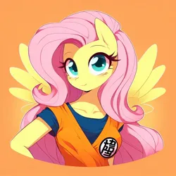 Size: 1024x1024 | Tagged: safe, derpibooru import, machine learning generated, fluttershy, anthro, pegasus, ai content, blushing, crossover, dragon ball, female, gi, image, jpeg, looking at you, orange background, prompter:chadwoo0720, simple background, smiling, smiling at you, solo, son goku