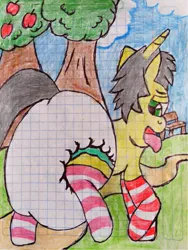 Size: 1422x1893 | Tagged: safe, artist:bitter sweetness, derpibooru import, oc, oc:bitter sweetness, unofficial characters only, pony, unicorn, abdl, adult foal, blue sky, clothes, cloud, diaper, diaper fetish, dirt road, fetish, forest, graph paper, grass, green eyes, image, male, non-baby in diaper, open mouth, open smile, park, png, poofy diaper, smiling, socks, striped socks, tongue out, traditional art, tree