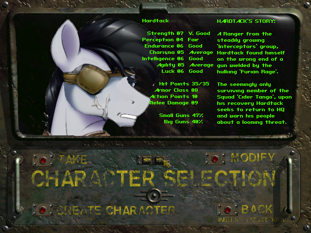 Size: 640x480 | Tagged: safe, derpibooru import, edit, edited screencap, editor:primortal, machine learning assisted, machine learning generated, novelai, screencap, stable diffusion, oc, oc:hardtack, unofficial characters only, fallout equestria, ai content, background, character select, clipdrop, eyepatch, facial scar, fake game screenshot, fake screenshot, fallout, fallout 2, image, male, paint.net, photoshop, png, scar, stats, story, summary