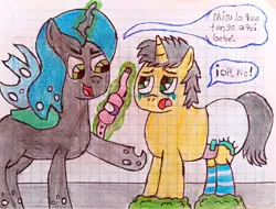Size: 3979x3031 | Tagged: safe, artist:bitter sweetness, derpibooru import, queen chrysalis, oc, oc:bitter sweetness, changeling, changeling queen, pony, unicorn, adult foal, bondage, changeling slime, clothes, crying, diaper, female, g4, glow, glowing horn, graph paper, green eyes, hooves, horn, image, magic, male, non-baby in diaper, open mouth, open smile, pacifier, pacifier gag, png, smiling, socks, spanish, spanish text, speech bubble, striped socks, telekinesis, traditional art, translated in the description