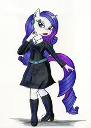 Size: 857x1200 | Tagged: safe, artist:nethilia, derpibooru import, rarity, anthro, unicorn, 2011, boots, clothes, dress, ear piercing, earring, image, jewelry, jpeg, lidded eyes, lipstick, looking at you, old art, piercing, ring, shoes, smiling, solo, traditional art