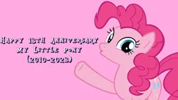 Size: 1920x1080 | Tagged: safe, artist:andoanimalia, derpibooru import, edit, editor:jaredking779, pinkie pie, earth pony, pony, female, image, jpeg, looking at you, mare, mlp fim's thirteenth anniversary, pink background, raised hoof, simple background, solo