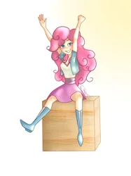 Size: 1024x1366 | Tagged: safe, artist:fullbucket, derpibooru import, pinkie pie, human, equestria girls, 2018, boots, clothes, gradient background, high heel boots, image, jacket, jpeg, old art, shirt, shoes, simple background, skirt, solo, vest