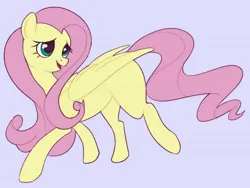 Size: 2048x1536 | Tagged: safe, artist:twilightsparkee, derpibooru import, fluttershy, pegasus, pony, cute, female, image, jpeg, mare, missing cutie mark, open mouth, open smile, purple background, shyabetes, simple background, smiling, solo, trotting, turned head