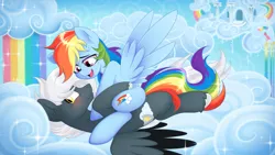 Size: 1920x1080 | Tagged: safe, artist:ynery, derpibooru import, rainbow dash, oc, oc:tempest streamrider, pegasus, pony, background, cloud, duo, female, image, looking at someone, lying down, male, on top, pegasus oc, png, rainbow, stallion, wings
