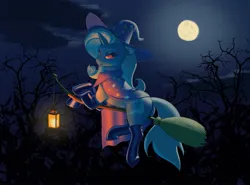Size: 1800x1329 | Tagged: safe, artist:escapist, derpibooru import, trixie, pony, unicorn, broom, cape, clothes, female, flying, flying broomstick, full moon, hat, image, jpeg, lantern, mare, moon, night, socks, solo, tree, trixie's cape, trixie's hat