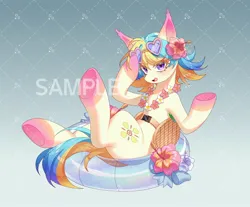 Size: 2048x1699 | Tagged: safe, artist:alus, derpibooru import, oc, unofficial characters only, pony, bat ears, colored eartips, colored hooves, female, floral necklace, flower, flower in hair, glasses, heart shaped glasses, image, inner tube, jpeg, mare, pool toy, solo, watermark