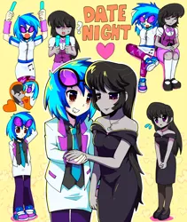 Size: 1448x1715 | Tagged: safe, artist:nnightmareg, derpibooru import, octavia melody, vinyl scratch, earth pony, human, pony, unicorn, equestria girls, blushing, clothes, cute, dress, duo, female, heart, holding hands, image, jewelry, lesbian, necklace, party, png, scratchtavia, shipping, sleeping, suit, sunglasses