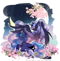 Size: 2008x2048 | Tagged: safe, artist:alus, derpibooru import, nightmare moon, princess luna, alicorn, pony, cherry blossoms, crescent moon, duo, female, flower, flower blossom, image, jewelry, jpeg, mare, moon, night, regalia, stars