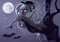 Size: 2048x1447 | Tagged: safe, artist:anotherdeadrat, derpibooru import, oc, oc:stellar wind, unofficial characters only, bat, bat pony, ethereal mane, hat, image, jpeg, looking at you, moon, smiling, smirk, starry mane, tree, witch hat