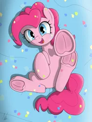 Size: 3000x4000 | Tagged: safe, derpibooru import, pinkie pie, earth pony, pony, confetti, female, frog (hoof), image, looking at you, lying down, mare, png, reaching, underhoof