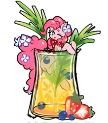 Size: 1790x2048 | Tagged: safe, artist:alus, derpibooru import, pinkie pie, earth pony, pony, alcohol, blueberry, bow, cocktail, drink, female, flower, flower in hair, food, image, jpeg, lemon, mare, one eye closed, simple background, solo, strawberry, white background, wink