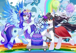 Size: 2048x1429 | Tagged: safe, artist:alus, derpibooru import, oc, unofficial characters only, alicorn, butterfly, insect, kirin, pony, alicorn amulet, alicorn oc, balloon, birthday party, braid, cake, cake topper, cape, clothes, cloudsdale, crown, female, food, hair accessory, horn, image, jewelry, jpeg, kirin oc, magic, mare, party, regalia, trolley, wings