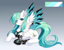 Size: 2048x1592 | Tagged: safe, artist:alus, derpibooru import, oc, unofficial characters only, cyborg, pegasus, pony, amputee, blade, eye clipping through hair, female, gradient background, image, jpeg, mare, pegasus oc, prosthetic leg, prosthetic limb, prosthetics, reference sheet, sitting, solo, transparent wings, weapon, wingblade, wings