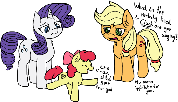 Size: 584x337 | Tagged: safe, artist:anonymouseleven, derpibooru import, apple bloom, applejack, rarity, earth pony, pony, unicorn, adorabloom, aggie.io, cute, eyes closed, female, filly, foal, image, mare, png, simple background, text, transparent background