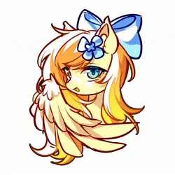 Size: 2100x2100 | Tagged: safe, artist:alus, derpibooru import, oc, oc:mercy snow, unofficial characters only, pegasus, pony, bow, cute, cute little fangs, fangs, female, flower, flower in hair, hair bow, high res, image, jpeg, mare, pegasus oc, simple background, solo, white background, wings