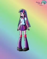 Size: 2625x3308 | Tagged: safe, artist:darkengales, derpibooru import, twilight sparkle, equestria girls, boots, clothes, gradient background, high heel boots, image, png, rainbow background, shirt, shoes, skirt, solo