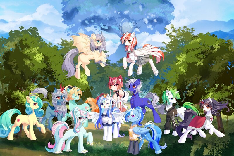 Size: 2048x1366 | Tagged: safe, artist:alus, derpibooru import, oc, oc:seven sister, unofficial characters only, alicorn, bat pony, bat pony alicorn, earth pony, kirin, original species, pony, unicorn, alicorn oc, bat pony oc, bat wings, bow, cape, chest fluff, choker, claws, clothes, curved horn, dress, ear fluff, earbuds, earth pony oc, female, forest, glasses, goggles, goggles on head, hair bow, hair braid, halo, hoodie, horn, image, jpeg, kirin oc, leonine tail, mare, one eye closed, ponytail, round glasses, sailor uniform, skirt, socks, tail, tree, unicorn oc, uniform, wings, wink