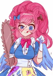 Size: 1200x1700 | Tagged: semi-grimdark, artist:mlp_1121, derpibooru import, pinkie pie, human, fanfic:cupcakes, bow, chainsaw, clothes, female, gloves, hair bow, humanized, image, jpeg, solo, stitches, yandere