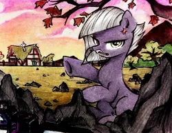 Size: 2051x1587 | Tagged: safe, artist:liaaqila, derpibooru import, limestone pie, earth pony, pony, angry, building, cross-popping veins, emanata, female, image, jpeg, mare, mouth hold, rock, rock farm, sitting, solo