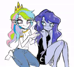 Size: 713x648 | Tagged: safe, artist:wls039, derpibooru import, princess celestia, princess luna, human, equestria girls, barefoot, clothes, crown, denim, dress, duo, feet, female, humanized, image, jeans, jewelry, jpeg, missing shoes, pants, regalia, royal sisters, shirt, siblings, simple background, sisters, t-shirt, white background