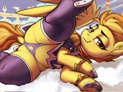 Size: 2048x1535 | Tagged: suggestive, alternate version, artist:dimfann, derpibooru import, spitfire, pegasus, pony, art pack:cheerleader art pack, belly, butt, clothes, cloud, cloudiseum, dock, featureless crotch, female, horseshoes, image, jpeg, looking at you, lying down, mare, panties, plot, side, smiling, smiling at you, socks, solo, spread legs, spreading, stadium, tail, thighs, thunder thighs, underhoof, underwear, uniform
