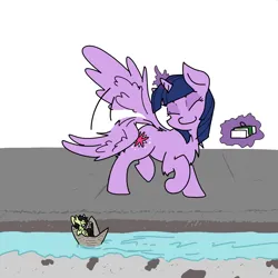 Size: 3508x3508 | Tagged: safe, artist:ponny, derpibooru import, part of a set, twilight sparkle, twilight sparkle (alicorn), oc, oc:anonfilly, alicorn, earth pony, pony, series:sailor meep, boat, box, colored, concrete, female, filly, foal, image, magic, mare, meep, paper, part of a series, png, sailing, smiling, smol, telekinesis, tiny, tiny ponies, water, waving