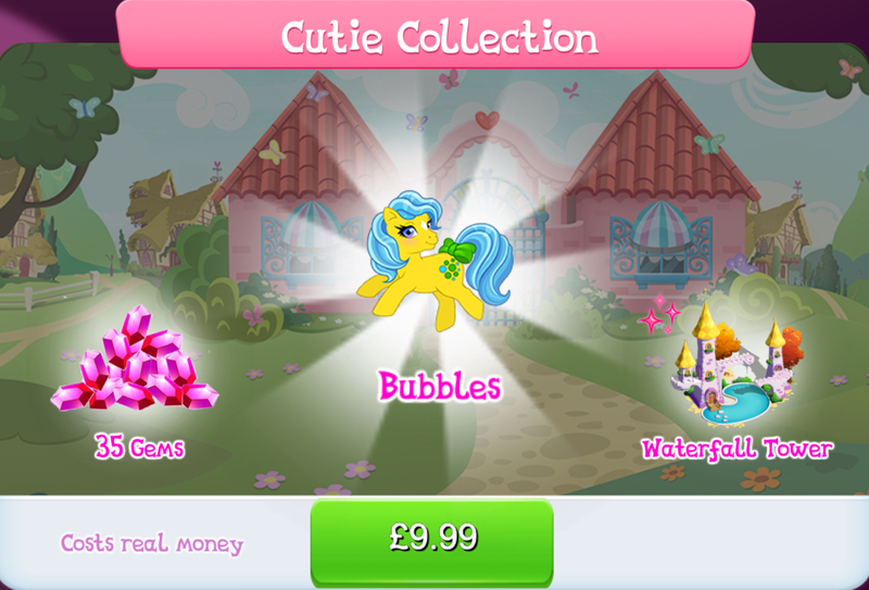 Size: 1264x858 | Tagged: safe, derpibooru import, idw, official, bubbles (g1), earth pony, pony, g1, bow, bundle, bush, costs real money, english, female, g4, gameloft, gem, idw showified, image, jpeg, mare, mobile game, my little pony: magic princess, numbers, sale, solo, solo focus, tail, tail bow, text, tree, water