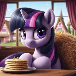 Size: 1024x1024 | Tagged: safe, machine learning generated, ponerpics import, ponybooru import, twilight sparkle, pony, unicorn, ai content, bing, faic, female, food, grass pancakes, hay, herbivore, image, jpeg, looking at you, mare, pancakes, ponyville, smiling, smirk, solo, table, twiface, unicorn twilight