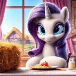 Size: 1024x1024 | Tagged: safe, machine learning generated, ponerpics import, ponybooru import, rarity, pony, unicorn, ai content, bing, female, fluffy, food, hay, herbivore, image, jpeg, looking at you, mare, ponyville, smiling, smiling at you, solo, window