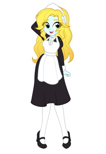 Size: 2000x2900 | Tagged: safe, artist:rileyav, derpibooru import, oc, oc:graceful charity, unofficial characters only, equestria girls, apron, arm behind head, blonde, bow, clothes, derpibooru exclusive, green eyes, hair bow, headband, high res, image, looking at you, maid, mary janes, open mouth, png, raised arm, shoes, simple background, smiling, socks, thigh highs, transparent background