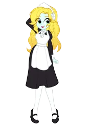 Size: 2000x2900 | Tagged: safe, artist:rileyav, derpibooru import, oc, oc:graceful charity, unofficial characters only, equestria girls, apron, arm behind head, blonde, bow, clothes, derpibooru exclusive, green eyes, hair bow, headband, high res, image, looking at you, maid, mary janes, open mouth, png, raised arm, shoes, simple background, smiling, socks, thigh highs, transparent background