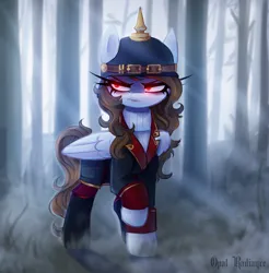 Size: 2940x2982 | Tagged: safe, artist:opal_radiance, derpibooru import, oc, oc:melancholy, pegasus, pony, undead, vampire, angry, clothes, forest, helmet, image, png, solo, stahlhelm, suit, tree, uniform