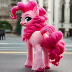 Size: 768x768 | Tagged: safe, derpibooru import, pinkie pie, earth pony, pony, ai content, city, detailed, detailed hair, female, image, irl, jpeg, looking at you, looking back, looking back at you, mare, outdoors, photo, ponies in real life, realistic, realistic mane, smiling, solo, unshorn fetlocks